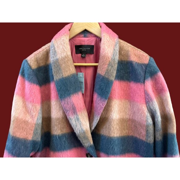 NWT Ann Taylor Petite Checked Boucle Cocoon Coat XLP Colorblock Plaid Wool Blend - Picture 2 of 8